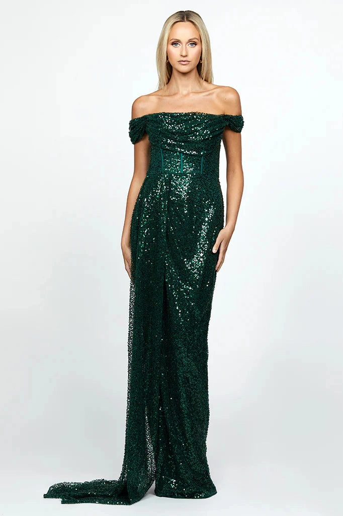 green emerald velvet dress Amyilya Off Shoulder Maxi by Bariano  White Runway